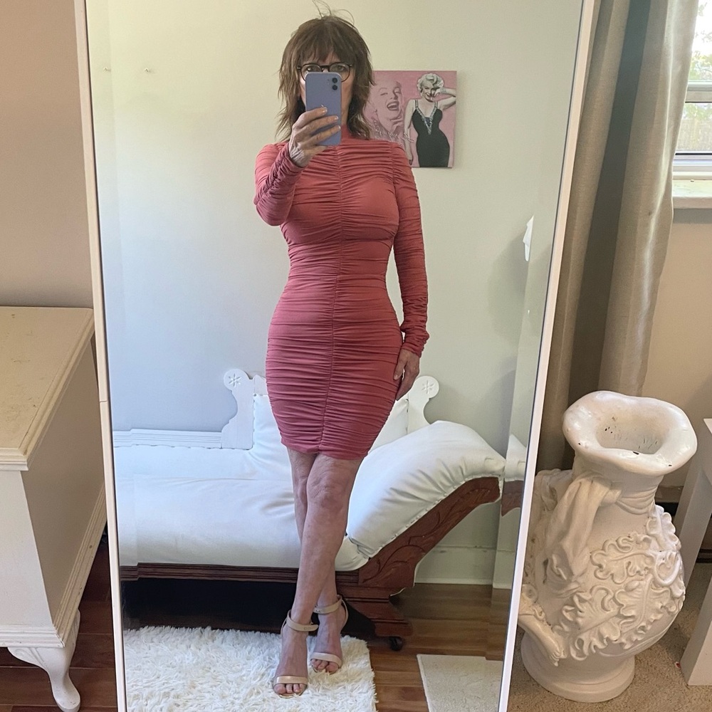 DUSTY ROSE PINK LONG SLEEVE RUCHED DRESS MOCK TURTLENECK EXPOSED BACK ZIPPER